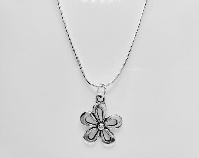 five petal Silver flower pendant necklace with silver snake chain