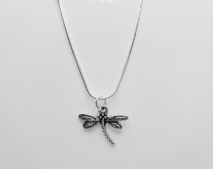 Silver plated antiqued dragonfly pendant necklace on silver snake chain