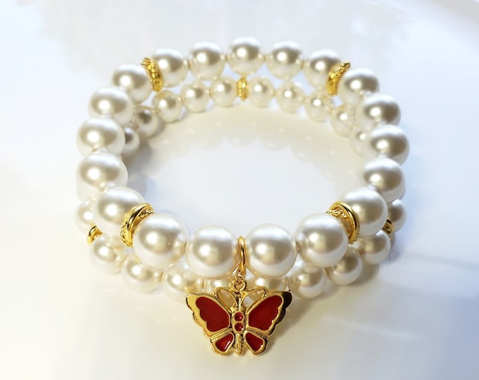 Preciosa white pearl bracelet set with gold plated red enamel butterfly charm