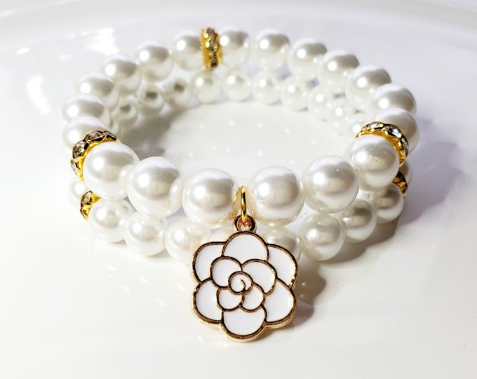 Austrian crystal pearl bracelet set with iconic Camelia flower charm