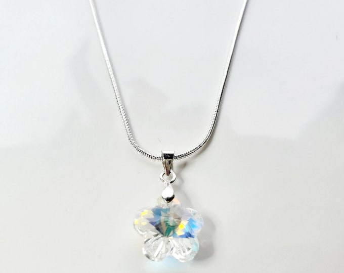 1/2" Austrian crystal flower pendant necklace on sterling silver snake chain