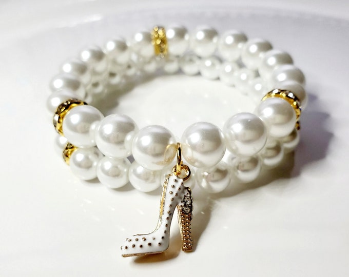Austrian crystal pearl bracelet set with crystal high heel shoe charm