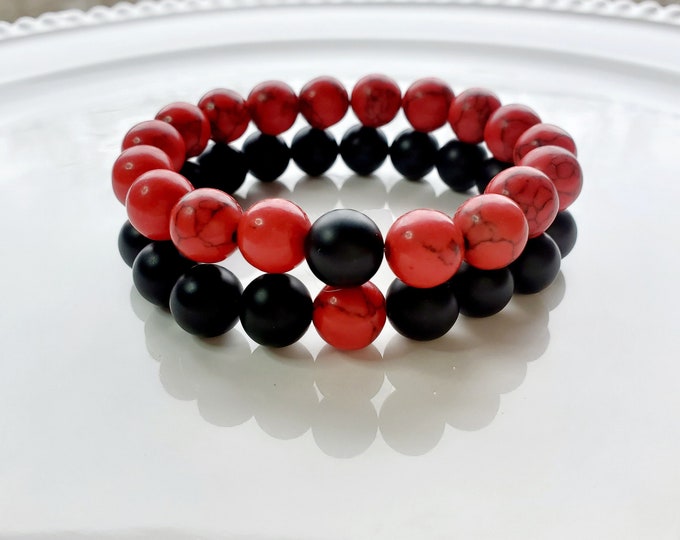 Natural red, turquoise and black onyx couple's bracelet set