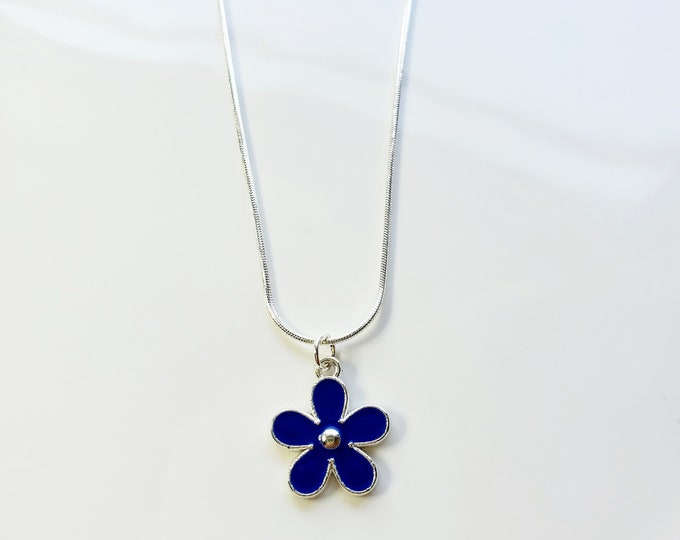 Silver plated blue enamel forget me not flower necklace on silver plated snake chain
