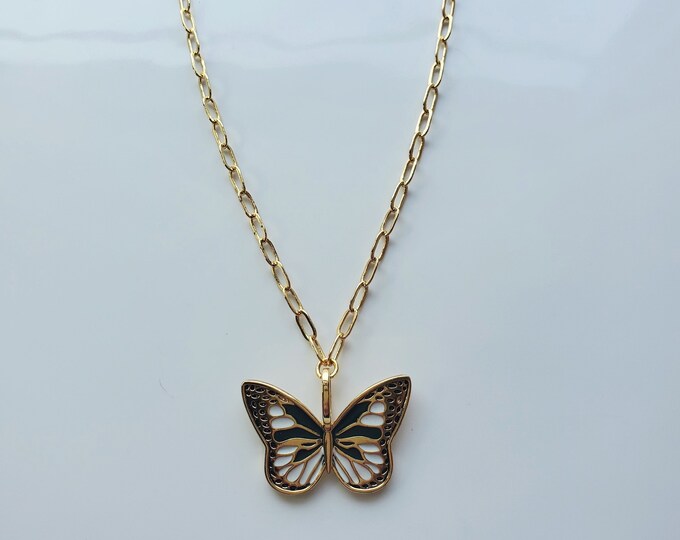Multi/gold monarch butterfly necklace on gold paperclip chain