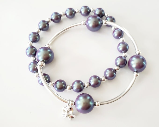 Truly Blessed, count those blessing bracelet duo with Austrian crystal pearls, sterling silver beads and silver flower charm.