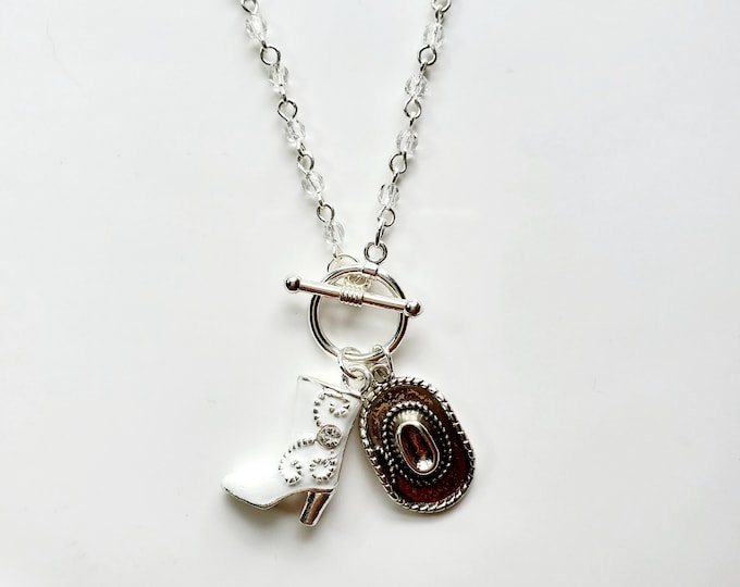 White rhinestone cowgirl boot and hat charm necklace