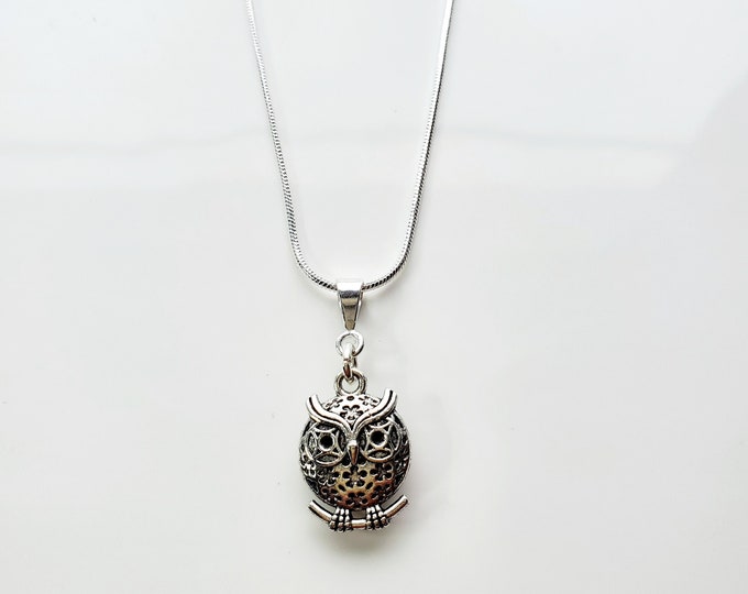antique silver owl charm on Sterling silver snake chain