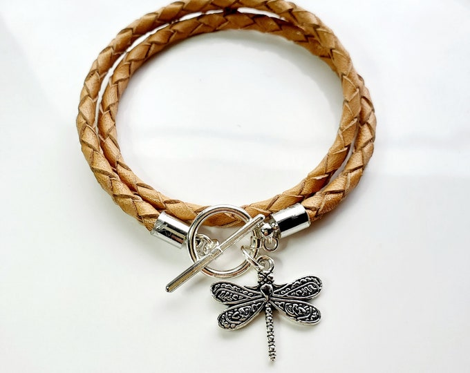 Silver Dragonfly leather wrap bracelet with silver toggle clasp.