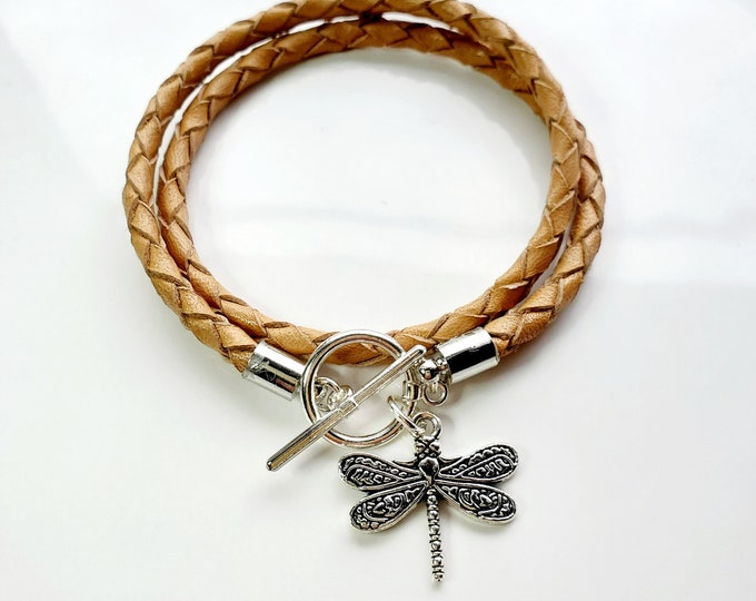Silver Dragonfly leather wrap bracelet with silver toggle clasp.