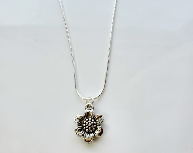 Silver plated antiqued daisy pendant necklace with silver snake chain