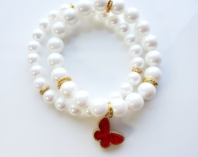 White pearlized Preciosa bracelet set with red Mother of pearl butterfly charm