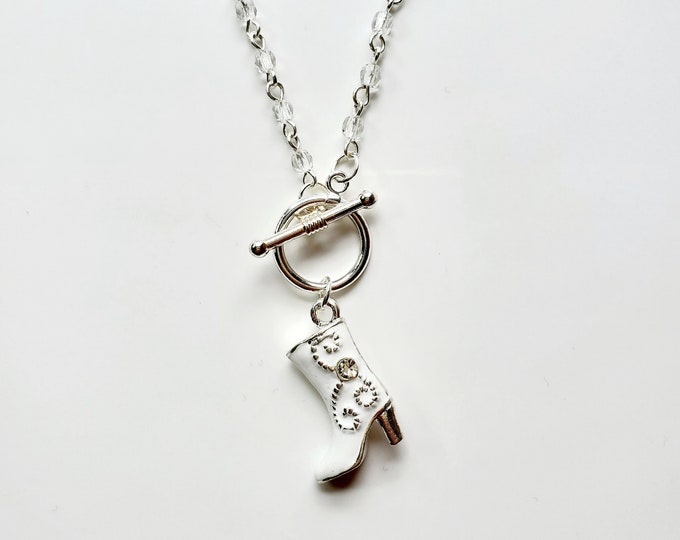 White rhinestone cowgirl boot charm necklace on crystal rosary bead chain