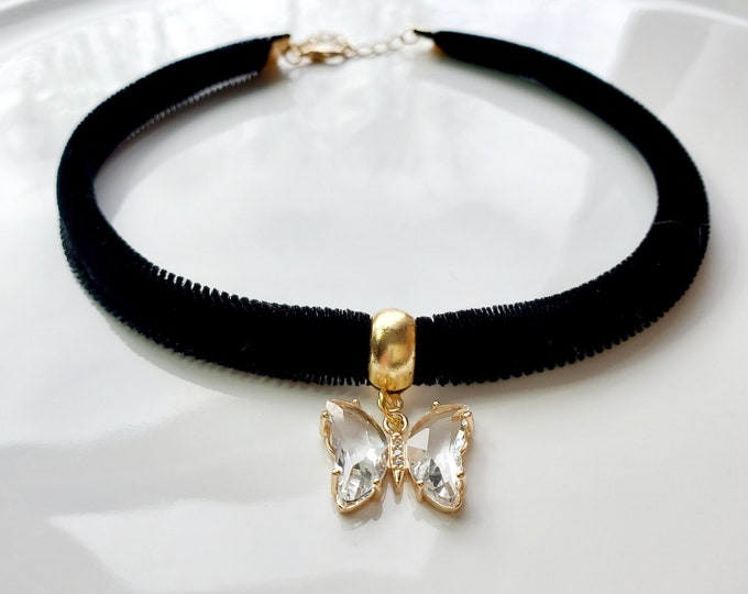 Black velvet choker with gold plated crystal butterfly charm
