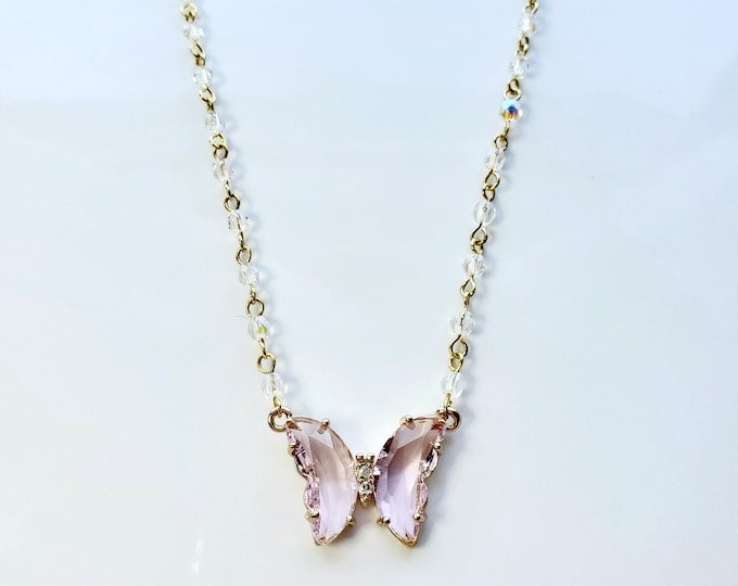 Soft pink Butterfly necklace on crystal pearl rosary bead chain