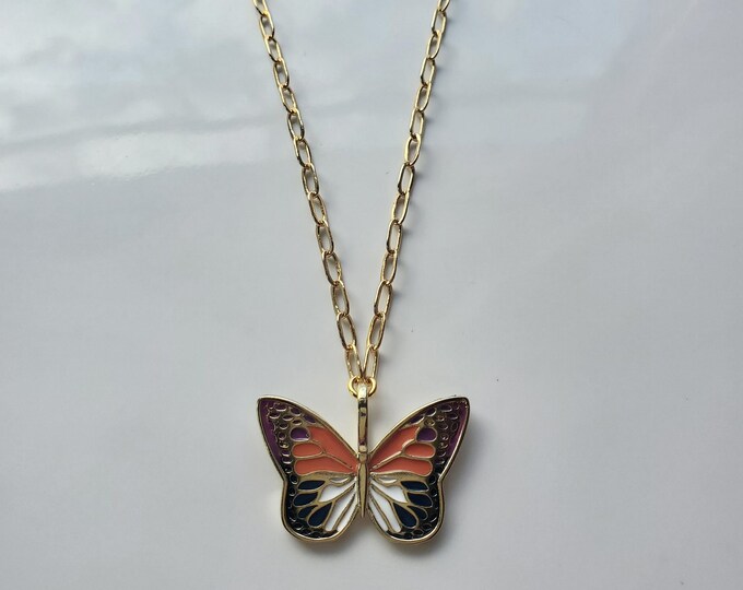 Multi/gold monarch butterfly necklace on gold paperclip chain