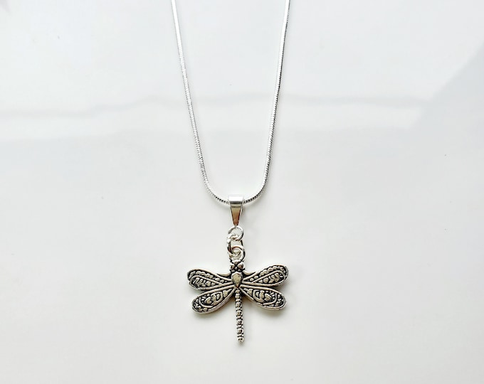 Antique silver dragonfly necklace on sterling silver snake chain