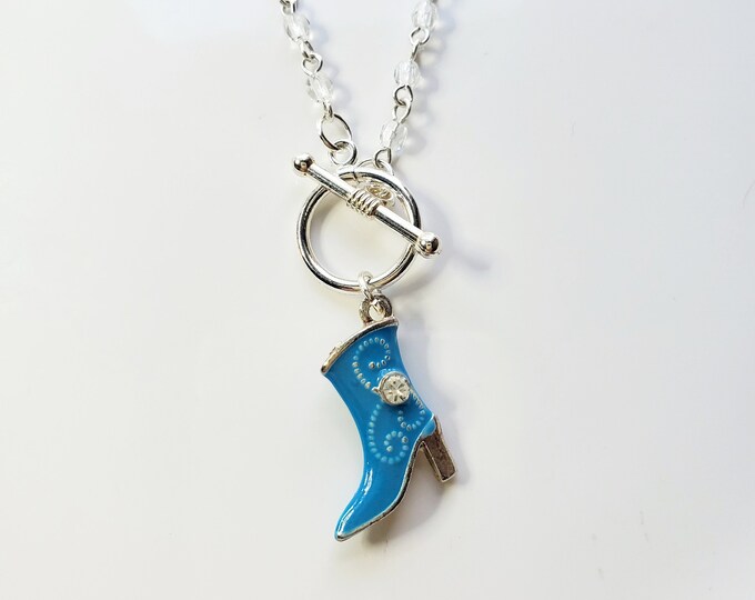 Turquoise rhinestone cowgirl boot on crystal rosary bead chain