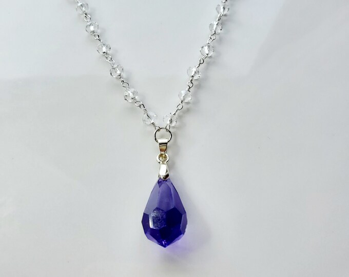 Dk Amethyst Austrian crystal drop on crystal roasary bead chain