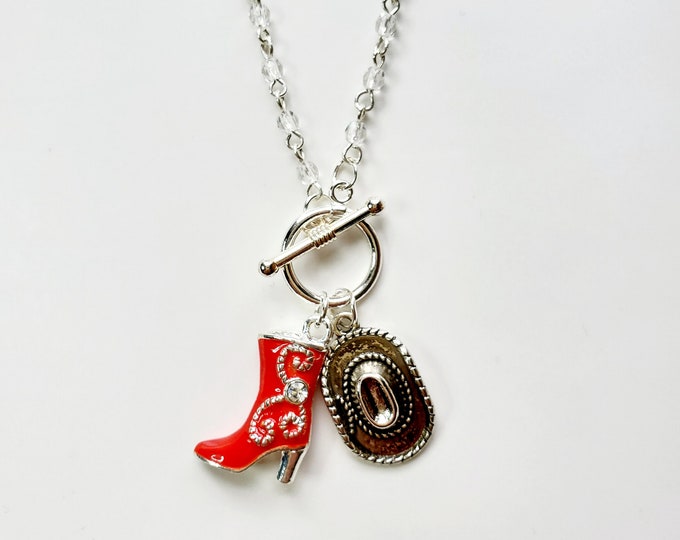 Red crystal Cowgirl boot and hat charm necklace