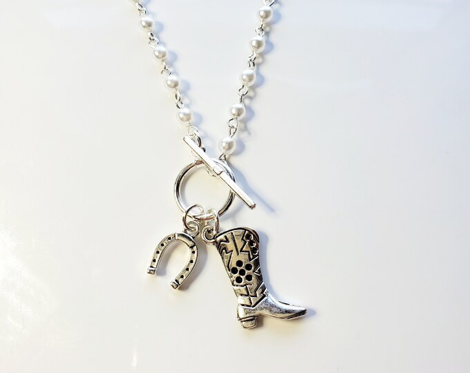 shiny silver cowgirl boot and horseshoe charm necklace
