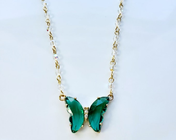Emerald crystal glass Butterfly necklace with pearll rosary bead chain