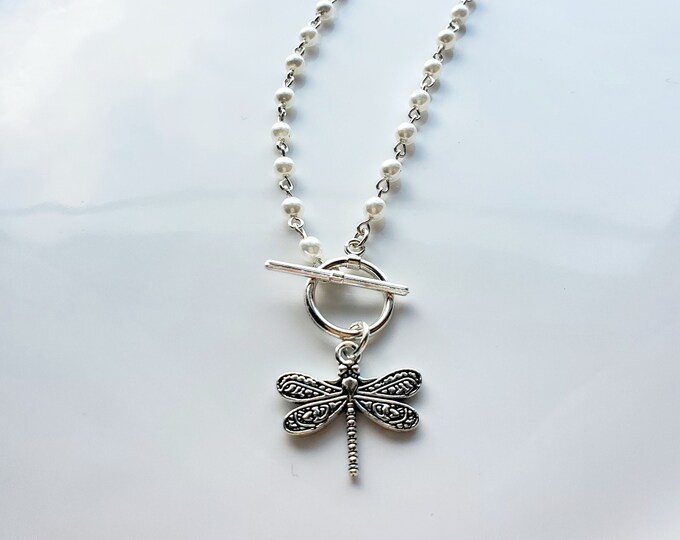 Silver Dragonfly charm necklace on pearl rosary bead chain