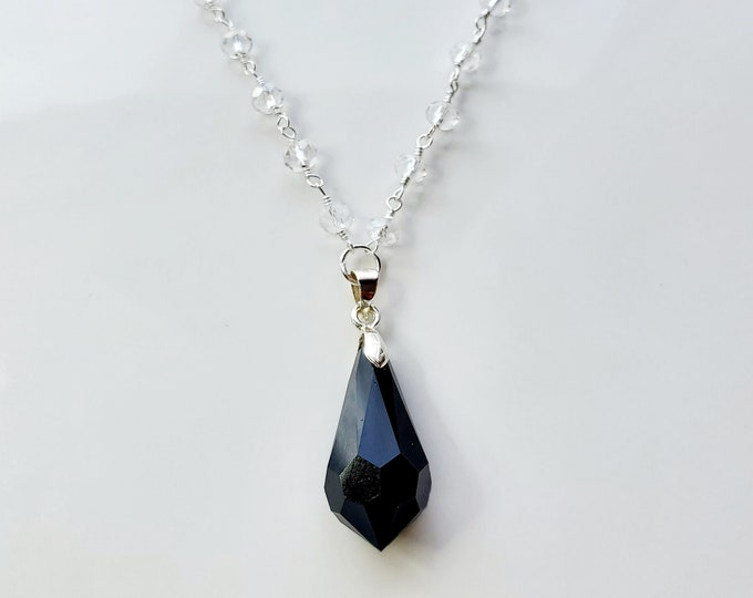 Jet black Austrian crystal drop necklace on crystal silver wire wrapped rosary bead chain