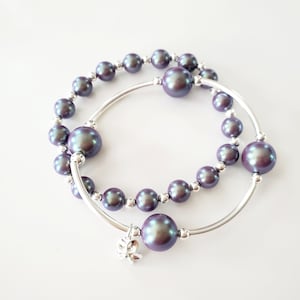 Peacock blue Austrian crystal &quot;Count your blessings&quot; bracelet pearl bracelet duo, with sterling silver flower charm