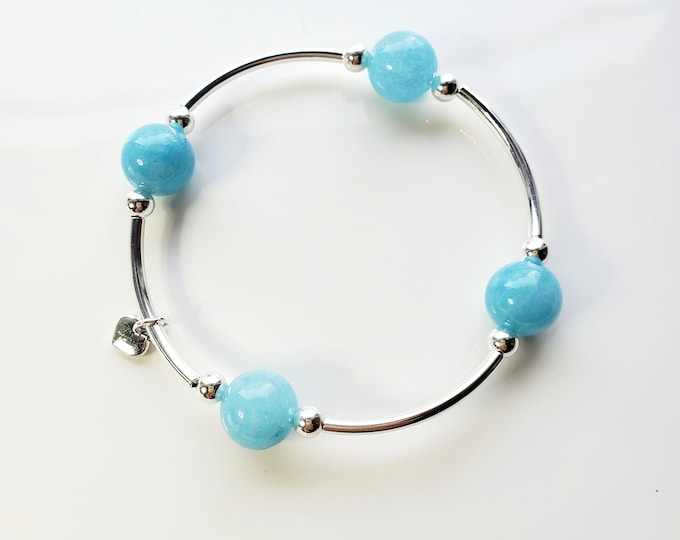 Sterling silver Truly Blessed bracelet with bright aquamarine gemstone bead and silver heart charm