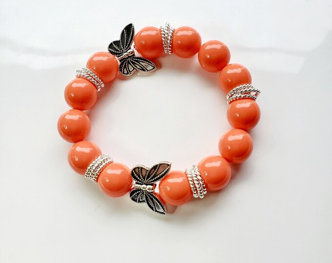 Silver butterfly coral bead bracelet