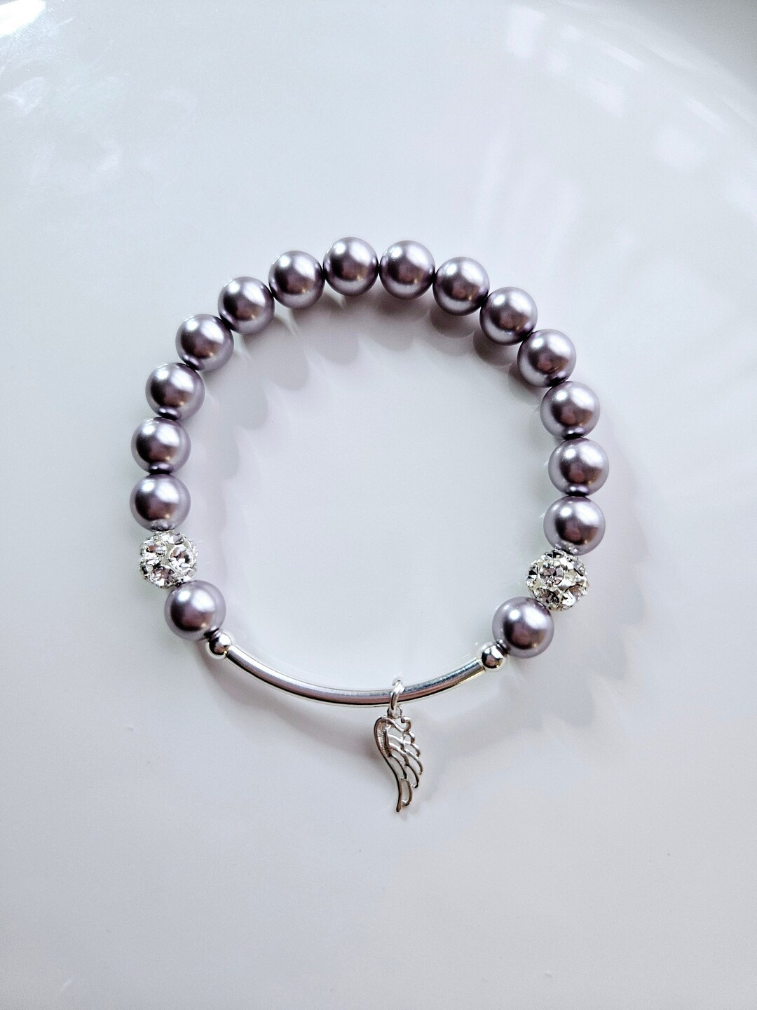 Silver Angel Wing Charm Bracelet, With Austrian Crystal Lavender Pearls ...