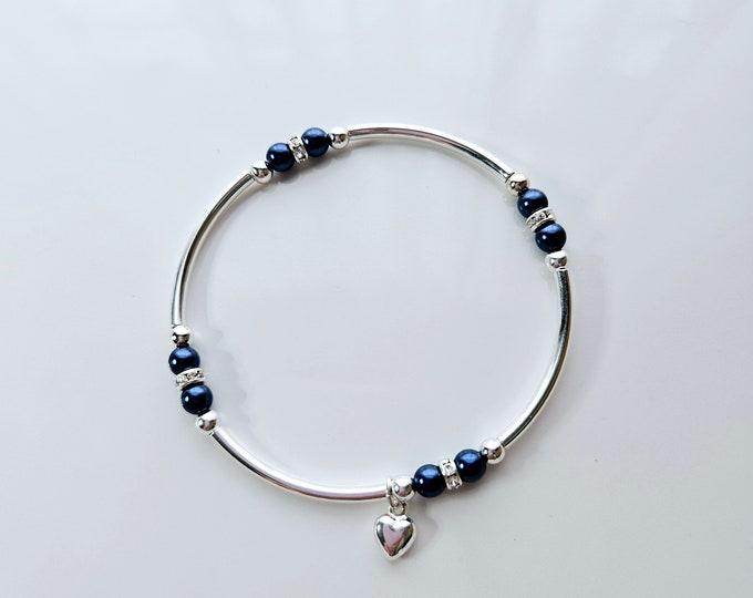 Truly Blessed count your blessings bracelet with Austrian crystal navy blue pearls and silver heart charm