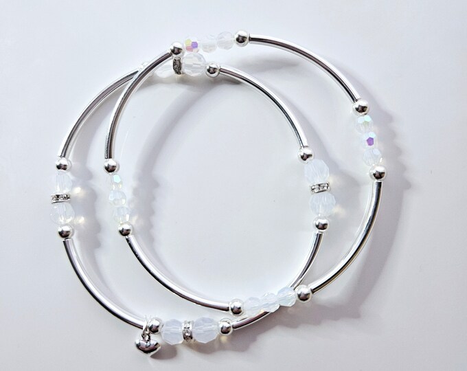 Truly Blessed, so many blessings bracelet duo with Austrian crystal white opal beads and silver heart charm