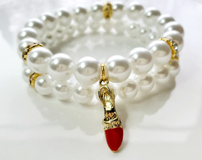 Austrian crystal pearl bracelet set with iconic fashion shoe charm