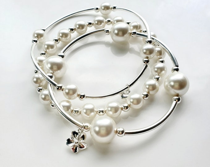 Truly Blessed bracelet trio with Austrian crystal white pearls and silver heart and flower charm.