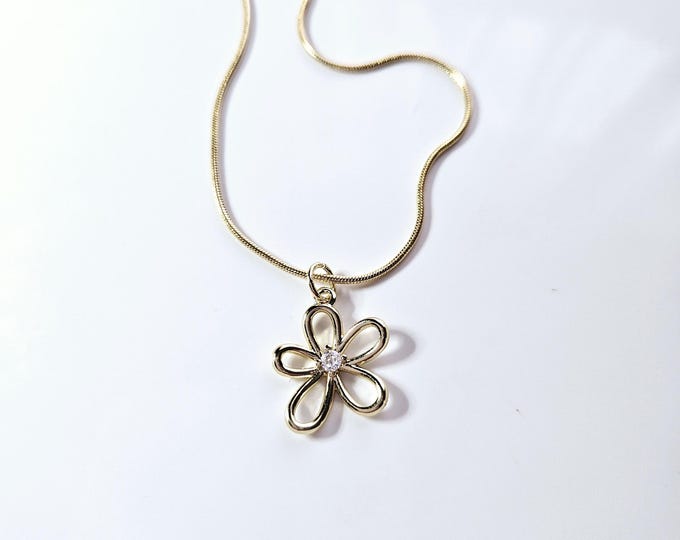 Gold filled flower pendant necklace on gold filled snake chain