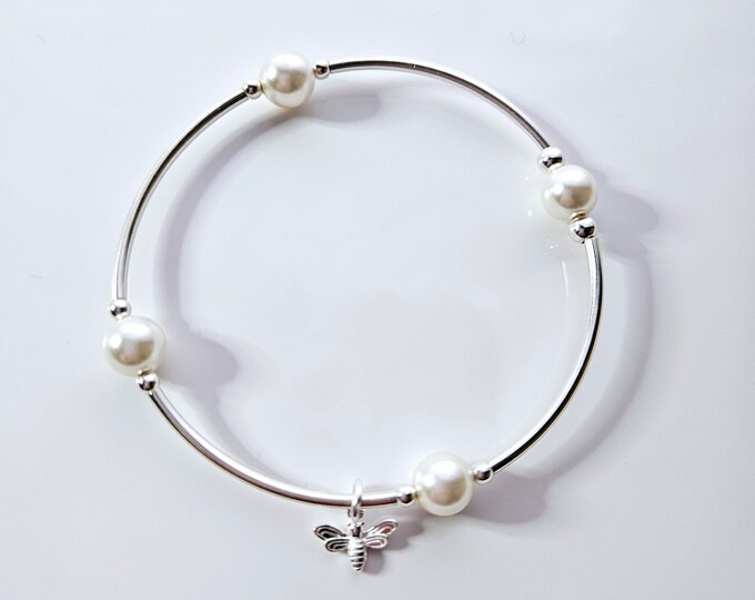 Truly Blessed Sweet as a Bee bracelet with white pearls and silver honeybee charm.