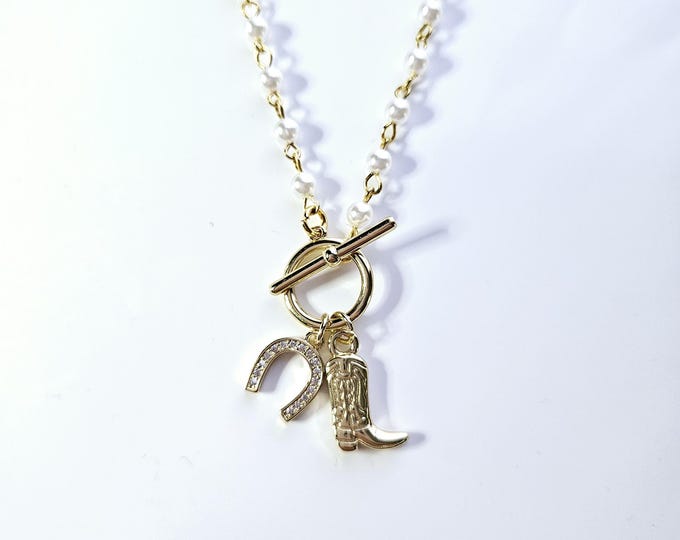 18kt gold filled cowboy boot charm necklace on rosary bead chain with gold toggle clasp