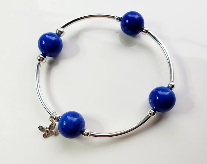 Silver Butterfly Blessing, be beautiful like a butterfly bracelet with lapis gemstone bead and silver Butterfly charm