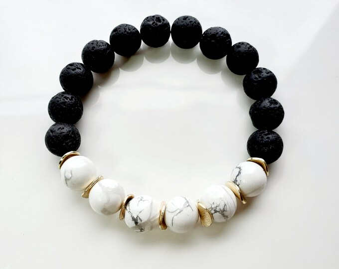 White howlite and black lava bead bracelet