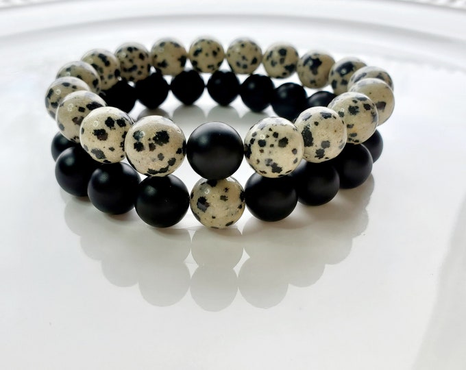 Black onyx and Dalmatian jasper couple's bracelet set