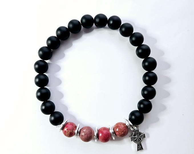 Black onyx and red jasper bead bracelet with Celtic cross charm.