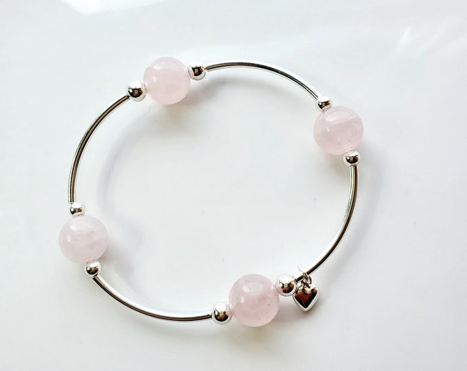 Sterling silver Truly Blessed bracelet with Rose quartz gemstone beads and silver charm.