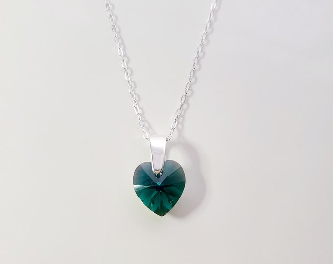 Sterling silver Austrian crystal Emerald AB heart pendant on paperclip chain.