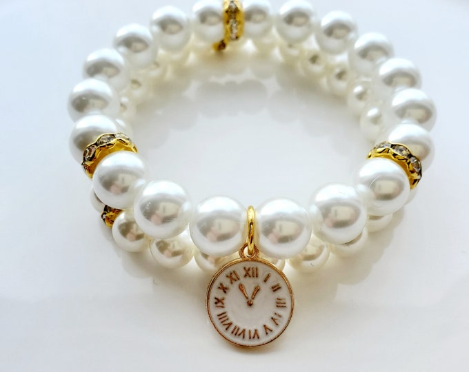 Austrian Crystal pearl bracelet set with iconic J12 clock charm