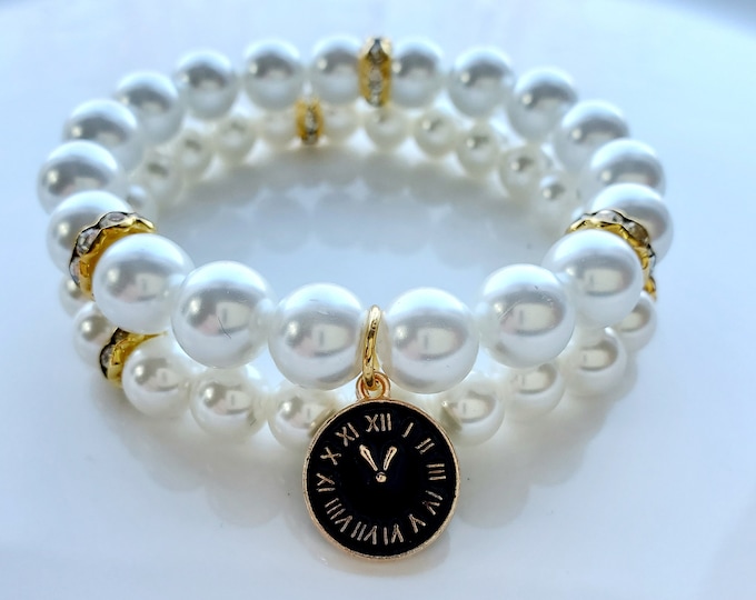 Austrian Crystal pearl bracelet set with iconic J12 watch face fashion charm