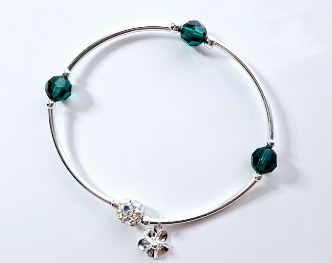 Truly Blessed, count your blessings bracelet with emerald birthstone and silver charm for May  birthdays.