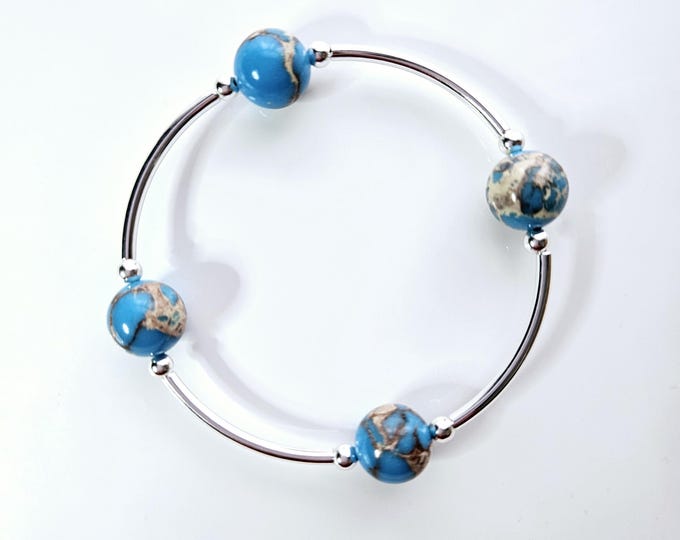 Truly Blessed, count your blessings blue sea sediment imperial jasper gemstone and silver bead bracelet