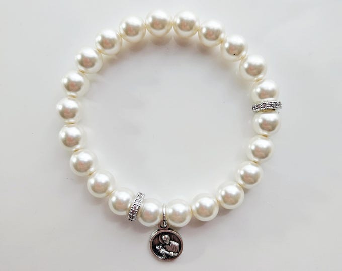 ST. GERARD bracelet the Patron Saint of pregnant women and children with white Austrian crystal pearls and St. Gerard charm.